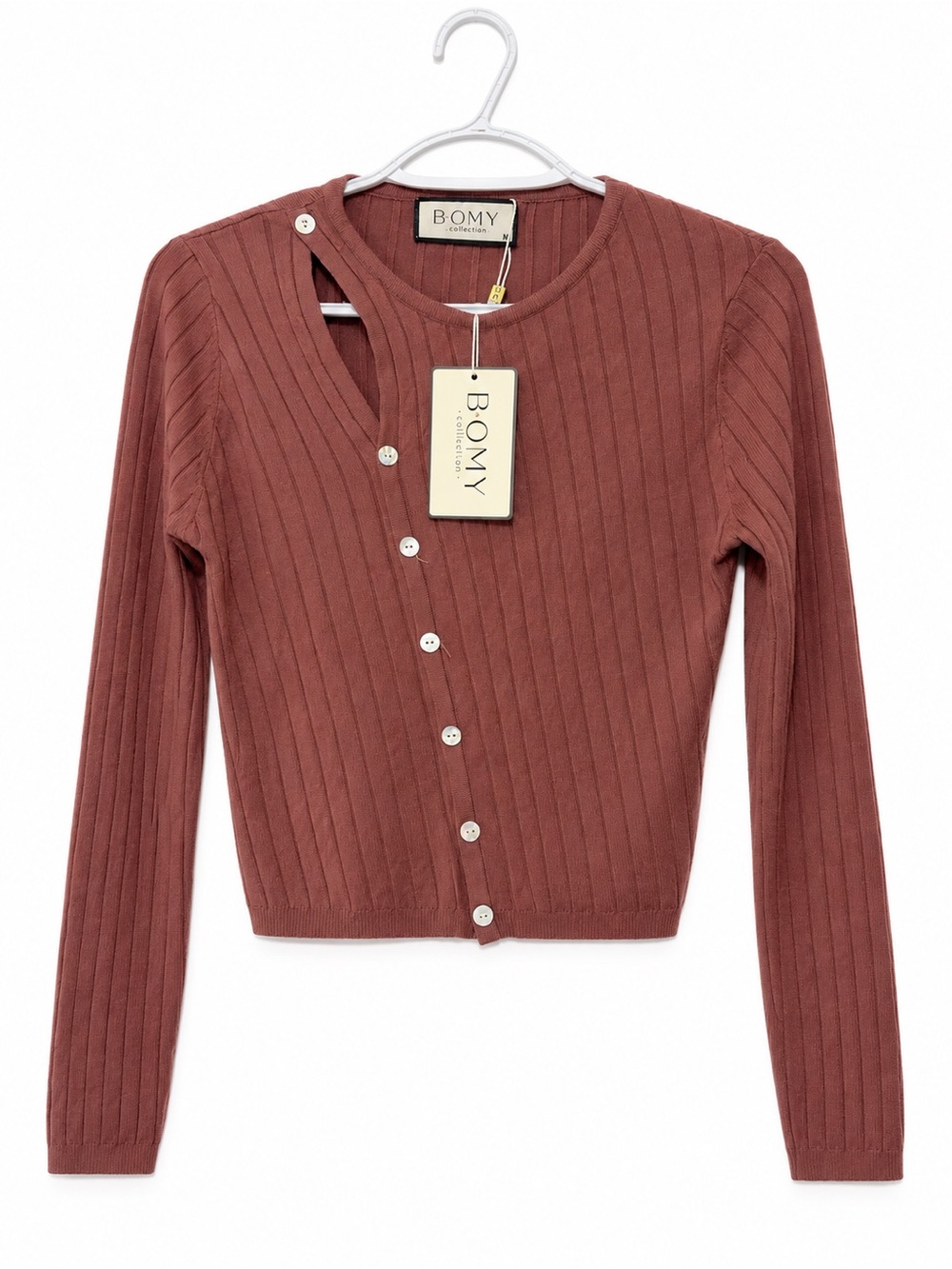 B.OMY Collention Cardigan M NWT Ribbed Knit Cropped Cutout Button Terracota Fall